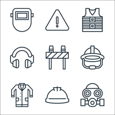 Düz kurtarma ve koruma hattı simgeleri. Doğrusal küme. Gaz maskesi, kask, laboratuvar önlüğü, miğfer, barikat, kulak koruyucu, can yeleği, uyarı gibi kalite vektör çizgisi