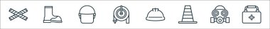 Düz kurtarma ve koruma hattı simgeleri. Doğrusal küme. İlk yardım çantası, gaz maskesi, koni, kask, yangın hortumu, polis miğferi, bot gibi kalite vektör çizgisi seti