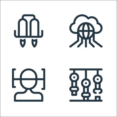 Gelecekteki çizgi simgelerinin teknolojisi. Doğrusal küme. Kalite vektör çizgisi: Robotik kol, yüz taraması, internet gibi şeyler.