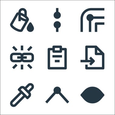 Grafik tasarım çizgisi simgeleri. Doğrusal küme. göz, düğümler, göz damlası, dışarıya aktarma dosyası, pano, link, stroke, düğümler gibi kalite vektör çizgisi kümesi