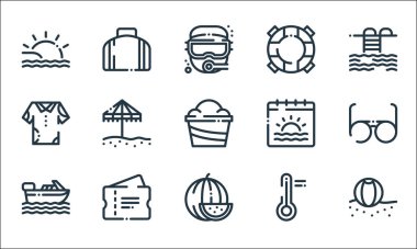 Yaz tatili sembolleri. Doğrusal küme. Plaj topu, karpuz, tekne, sıcaklık, bilet, kıyafet, takvim, yüzme, çanta gibi kalite çizgisi kümesi