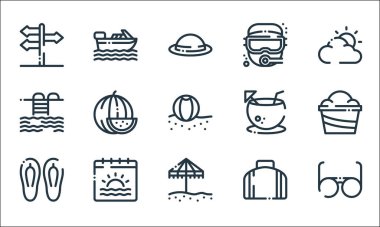 Yaz tatili sembolleri. Doğrusal küme. Güneş gözlüğü, şemsiye, sandalet, çanta, takvim, havuz, hindistan cevizi, dalış, tekne gibi kalite vektör dizileri