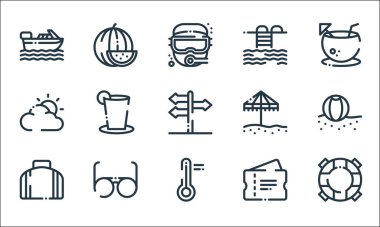 Yaz tatili sembolleri. Doğrusal küme. uçma, sıcaklık, çanta, bilet, güneş gözlüğü, bulutlu, şemsiye, havuz, karpuz gibi kalite vektör çizgisi kümesi