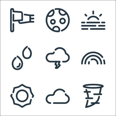 Hava çizgisi simgeleri. Doğrusal küme. Hortum, bulut, güneş, gökkuşağı, strom, yağmur, gün doğumu, ay gibi kalite vektör çizgisi