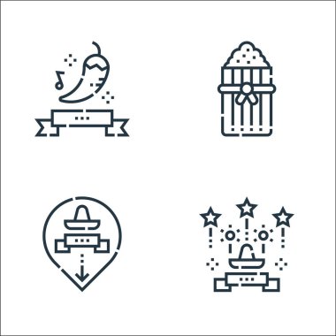 Cinco de mayonez çizgisi simgeleri. Doğrusal küme. Cinco de mayonez, Meksika, tamales gibi kalite vektör çizgisi