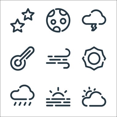 Hava çizgisi simgeleri. Doğrusal küme. Kalite vektör çizgisi bulutlu, gündoğumu, yağmurlu, güneş, rüzgar, termometre, strom, ay gibi