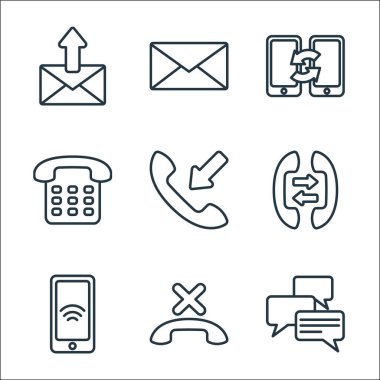 iletişim hattı simgeleri. Doğrusal küme. Kaliteli vektör dizisi, mesajlar, cevapsız arama, akıllı telefon, etkileşim, iletişim, telefon, akıllı telefon, posta gibi