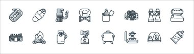 Kamp çizgisi simgeleri. Doğrusal küme. Konserve, moka pot, kamp gazı, piknik masası, dürbün, ip, çakmak, uyku tulumu gibi kalite vektör çizgisi