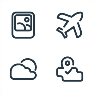 seyahat çizgisi simgeleri. Doğrusal küme. Harita, hava durumu, uçak gibi kalite vektör çizgisi