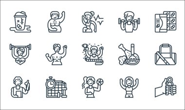 Fitness çizgisi simgeleri. Doğrusal küme. Elle kavrama, spor kadını, koç, egzersiz, planlama, güçlü, sağlıklı yemek, egzersiz, vücut yağı gibi kalite vektör çizgisi
