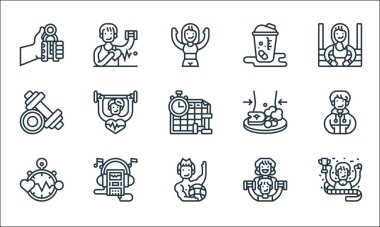 Fitness çizgisi simgeleri. Doğrusal küme. Kazanan, vücut geliştiren, kalp atış hızı, antrenör, müzik çalar, halterler, diyet gıdası, beyaz protein, kalp atış hızı gibi kalite vektör çizgisi