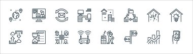 ev çizgisi simgeleri. Doğrusal küme. Gıda dağıtımı, yön, kablosuz ağ yönlendirici, bulut yüklemesi, müzik, e-posta, ofis, video çağrısı gibi kalite vektör dizileri