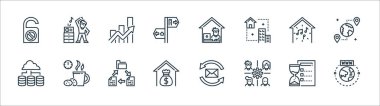 ev çizgisi simgeleri. Doğrusal küme. İnternet, takım çalışması, gelir, bulut barındırma, müzik, üretkenlik, evde çalışma, egzersiz gibi kalite vektör çizgisi kümesi