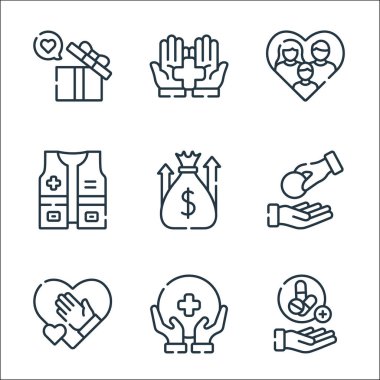İyilik çizgisi simgeleri. Doğrusal küme. Verme, sağlık hizmeti, verme, cömert, bağış toplama, yelek, aile, sağlık gibi kalite vektör çizgisi kümesi