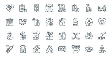 İyilik çizgisi simgeleri. Doğrusal küme. Kan bağışı, sağlık kontrolü, test tüpü, enjeksiyon, sağlık, ilaç, bağış toplama, video çağrısı gibi kalite vektör dizileri