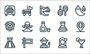 Meksika hattı ikonları. Doğrusal küme. Kokteyl gibi kaliteli vektör dizileri, adamım, chichen itza piramit, kadın, matraca, panço, elbise, marakas, pi?