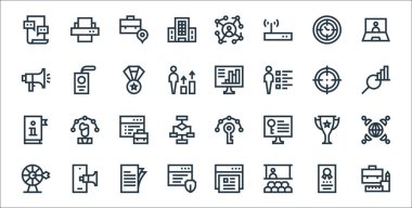 iş satırı simgeleri. Doğrusal küme. Çanta, seminer, koruma, hedef, kupa, portföy, veri analizi, bilgisayar, kimlik kartı gibi kalite vektör satırı kümesi