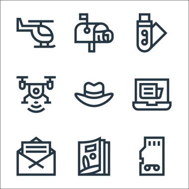 Haber çizgisi simgeleri. Doğrusal küme. Hafıza kartı, dergi, mektup, dizüstü bilgisayar, fötr şapka, insansız hava aracı, usb, posta kutusu gibi kalite vektör dizileri