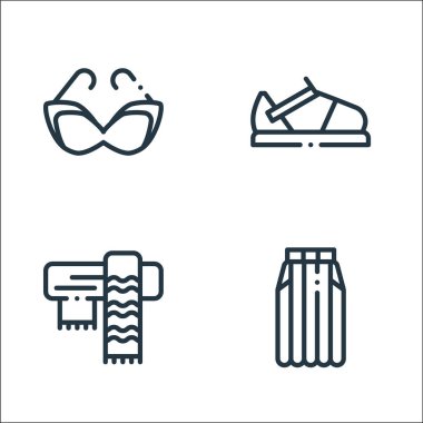Moda çizgisi simgeleri. Doğrusal küme. etek, eşarp, sandalet gibi kalite vektör çizgisi