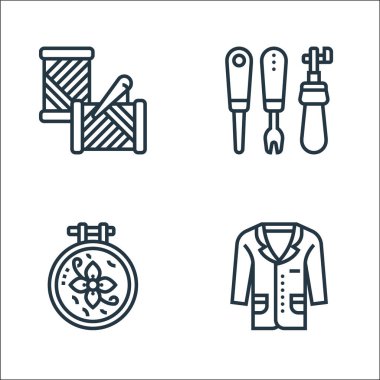 Ekipman hattı simgeleri dikiyorum. Doğrusal küme. kalite vektör çizgisi: giysi, nakış, zanaat