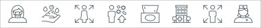 Virüs çizgisi simgeleri. Doğrusal küme. Hemşire, enfeksiyon kapmış, hastane, doku, salgın hastalık, mesafeyi koru, el yıkama gibi kalite vektör çizgisi seti