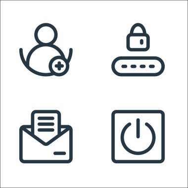 Evet çizgi simgeleri. Doğrusal küme. Güç düğmesi, ileti, parola gibi kalite vektör çizgisi