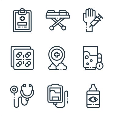 İlaç çizgisi simgeleri. Doğrusal küme. Göz damlası, kan torbası, steteskop, su bardağı, hastane, hap, el, tıbbi sedye gibi kalite vektör çizgisi