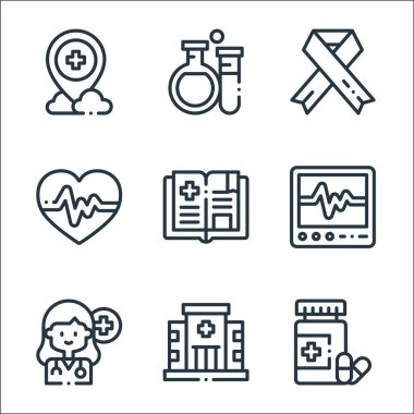 İlaç çizgisi simgeleri. Doğrusal küme. antibiyotik, hastane, doktor, ecg, tıp kitabı, kalp atış hızı, kanser, test tüpleri gibi kalite vektör dizileri