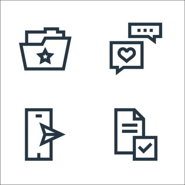 Geribildirim ve ifade satırı simgeleri. Doğrusal küme. Anket, akıllı telefon, geri bildirim gibi kalite vektör çizgisi kümesi