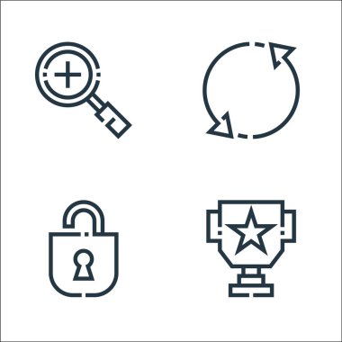 Web esasları çizgi simgeleri. Doğrusal küme. Kap, kilidi aç, paylaş gibi kalite vektör çizgisi