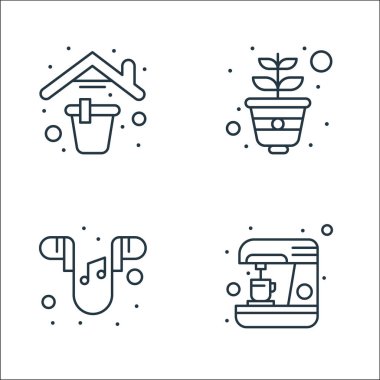 Ev çizgisi simgelerinde kalın. Doğrusal küme. Kahve makinesi, kulaklık, bitki örtüsü gibi kalite vektör çizgisi
