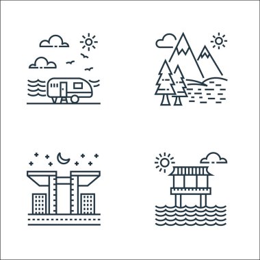 Turizm çizgisi simgeleri. Doğrusal küme. Bungalov, bina, göl gibi kalite vektör çizgisi