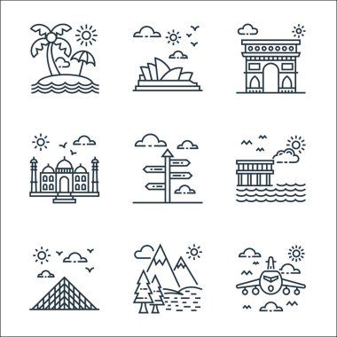 Turizm çizgisi simgeleri. Doğrusal küme. Uçak, göl, piramit, sahil, rehber, tac mahal, arc de triomphe gibi kalite vektör çizgisi kümesi,