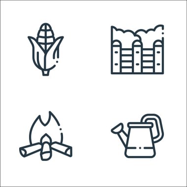 Köy çizgisi ikonlarında. Doğrusal küme. Sulama kutusu, şenlik ateşi, çit gibi kalite vektör çizgisi