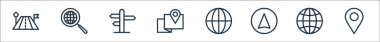 Navigasyon çizgisi simgeleri. Doğrusal küme. Konum iğnesi, dünya çapında, GPS, dünya çapında, harita noktası, yön, iletişim gibi kalite vektör çizgisi kümesi