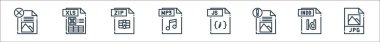 dosya tipi simgeleri. Doğrusal küme. jpg dosyası, indd dosyası, js mp zip xls gibi kalite vektör satırı seti
