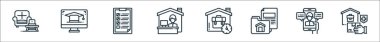 ev çizgisi simgeleri. Doğrusal küme. dağıtım, video çağrısı, dosya yönetimi, evde çalışma, evde çalışma, kontrol listesi, çevrimiçi eğitim gibi kalite vektör dizileri