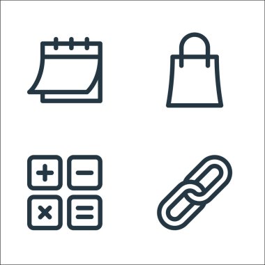 Dijital pazarlama çizgisi simgeleri. Doğrusal küme. bağlantı, hesap makinesi, alışveriş çantası gibi kalite vektör çizgisi