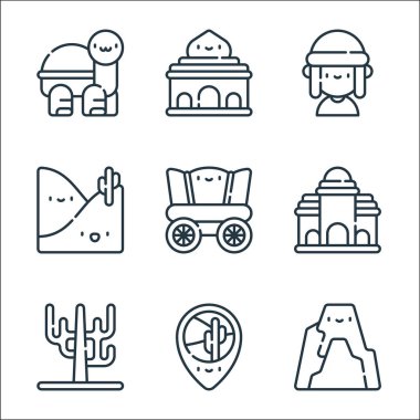 Çöl çizgisi ikonları. Doğrusal küme. Mağara, konum, ölü ağaç, bina, vagon, kumul, bedevi, cami gibi kalite vektör dizileri