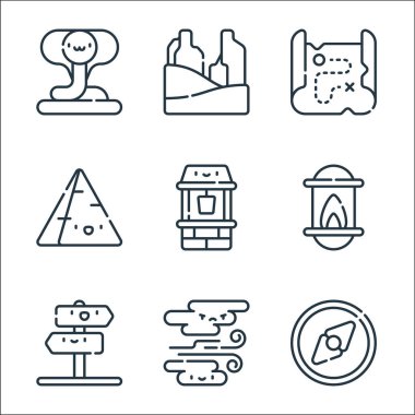 Çöl çizgisi ikonları. Doğrusal küme. Pusula, kum fırtınası, gaz lambası, piramit, harita, kanyon gibi kalite vektör çizgileri