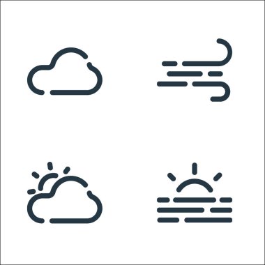 Hava çizgisi simgeleri. Doğrusal küme. Gündoğumu, bulutlu, rüzgar gibi kalite vektör çizgisi