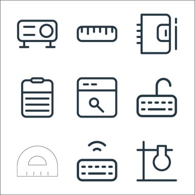 Okul eğitim çizgisi simgeleri. Doğrusal küme. matara, cetvel, klavye, rapor, defter gibi kalite vektör satırı kümesi,