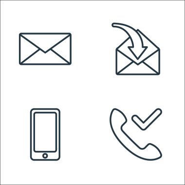 iletişim hattı simgeleri. Doğrusal küme. İletişim, akıllı telefon, posta gibi kalite vektör satırı