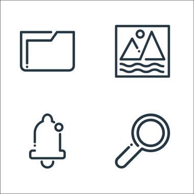 Ricon hattı simgeleri. Doğrusal küme. Arama, bildirim çanı, resim gibi kalite vektör çizgisi