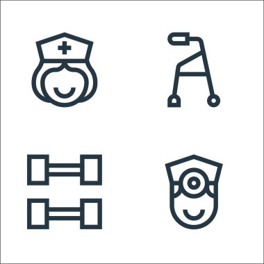 emeklilik ev çizgisi simgeleri. Doğrusal küme. Doktor, spor salonu, bebek bakıcısı gibi kalite vektör çizgisi