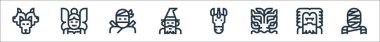 fantastik karakter çizgisi simgeleri. Doğrusal küme. Mumya, kocaayak, kraken, tek boynuzlu at, büyücü, ninja, peri gibi kalite vektör dizileri
