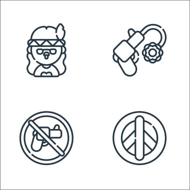 Hippi çizgisi simgeleri. Doğrusal küme. Kaliteli vektör çizgisi: Barış, silah yok, silah