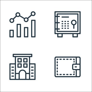 Bankacılık ve finans sektörü simgeleri. Doğrusal küme. Cüzdan, ofis binası, kasa gibi kalite vektör çizgisi
