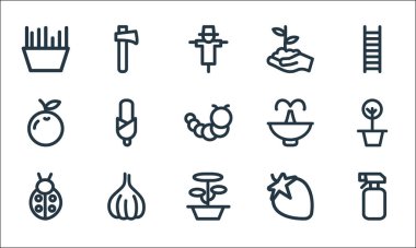 peyzaj ekipman hattı simgeleri. Doğrusal küme. Sprey şişe, saksı, böcek, çilek, sarımsak, portakal, fıskiye, filiz, balta gibi kaliteli vektör çizgileri.