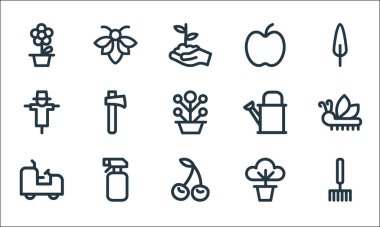 peyzaj ekipman hattı simgeleri. Doğrusal küme. Kaliteli vektör dizisi: tırmık, kiraz, traktör, saksı, sprey şişesi, korkuluk, elma, arı